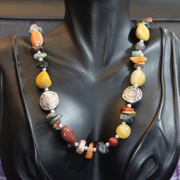 Agate Jasper Mixed Stone Chip Nugget Beaded Necklace - Picture 1 of 10